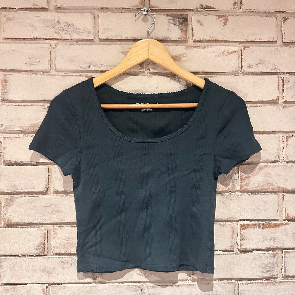 American Eagle Hunter Green Stripe Crop Cotton Tee